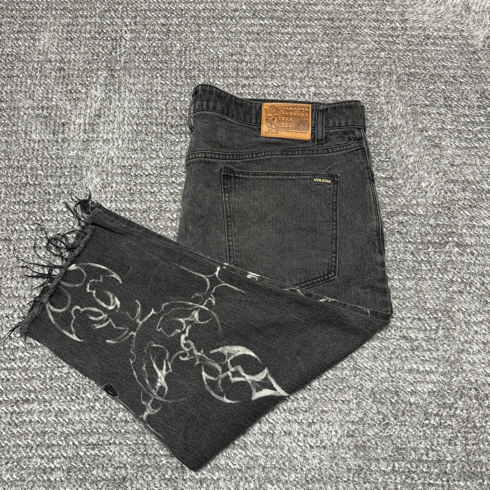 Volcom Mens Vorta Slim Straight Jeans 40 Custom Painted Cut Off Distressed